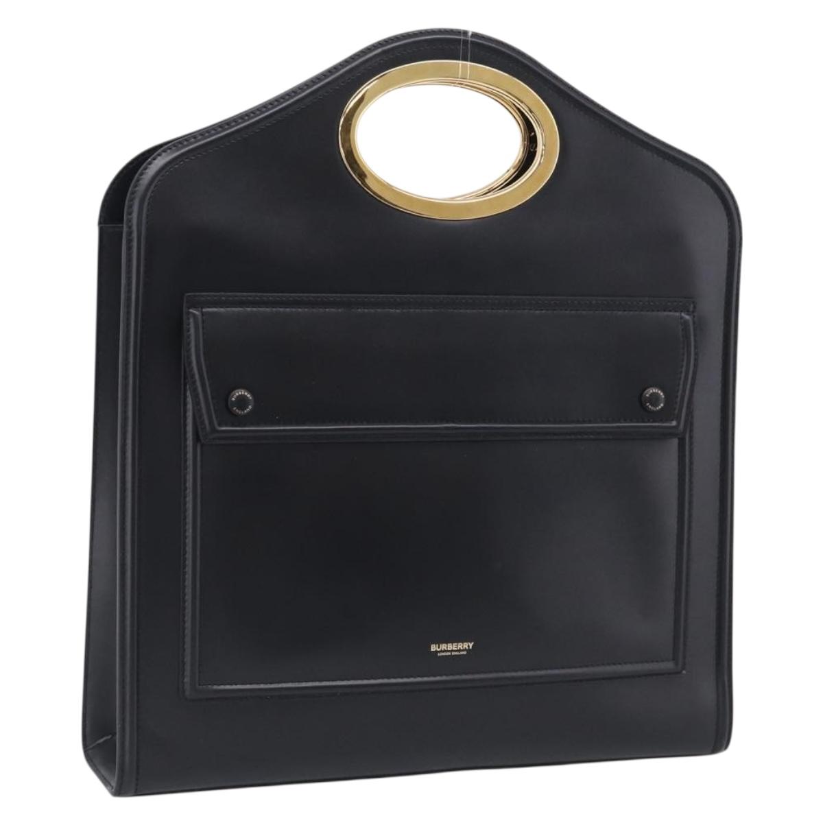 BURBERRY Hand Bag Leather Black Gold Auth 213249V