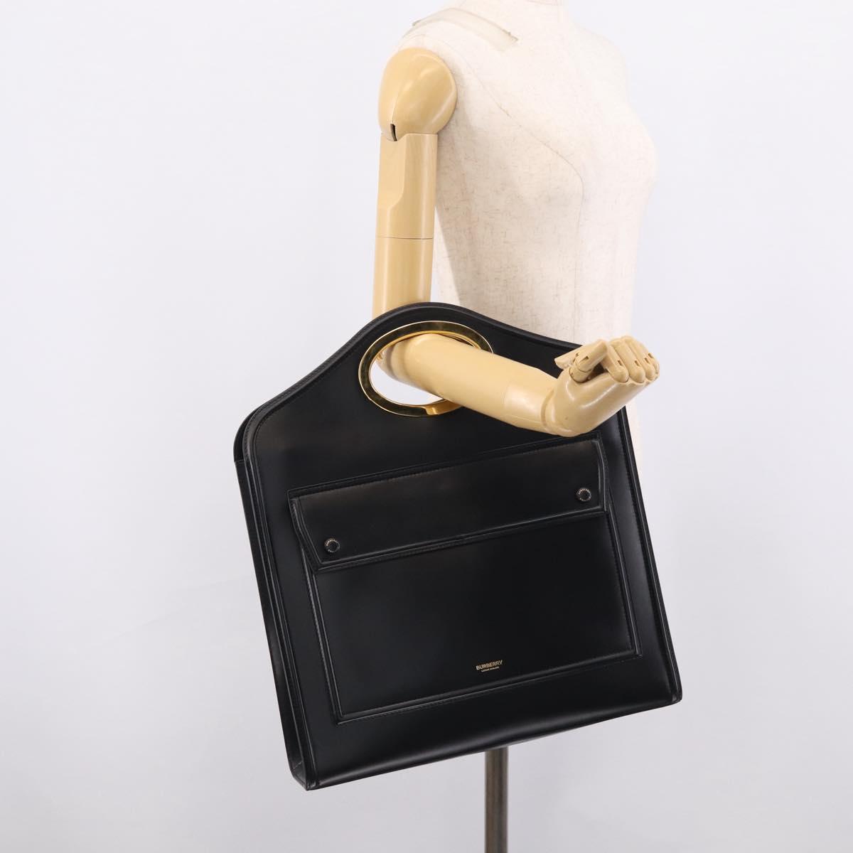BURBERRY Hand Bag Leather Black Gold Auth 213249V