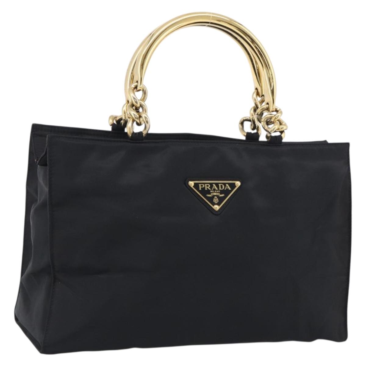 PRADA Hand Bag Nylon Black Gold Auth 213253A