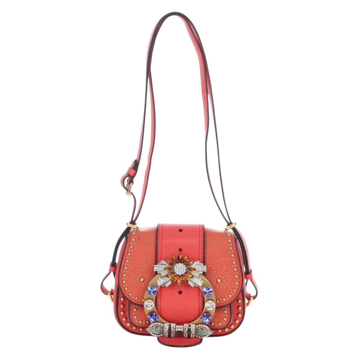 Miu Miu Madras Shoulder Bag Leather Orange Gold Auth 213292M