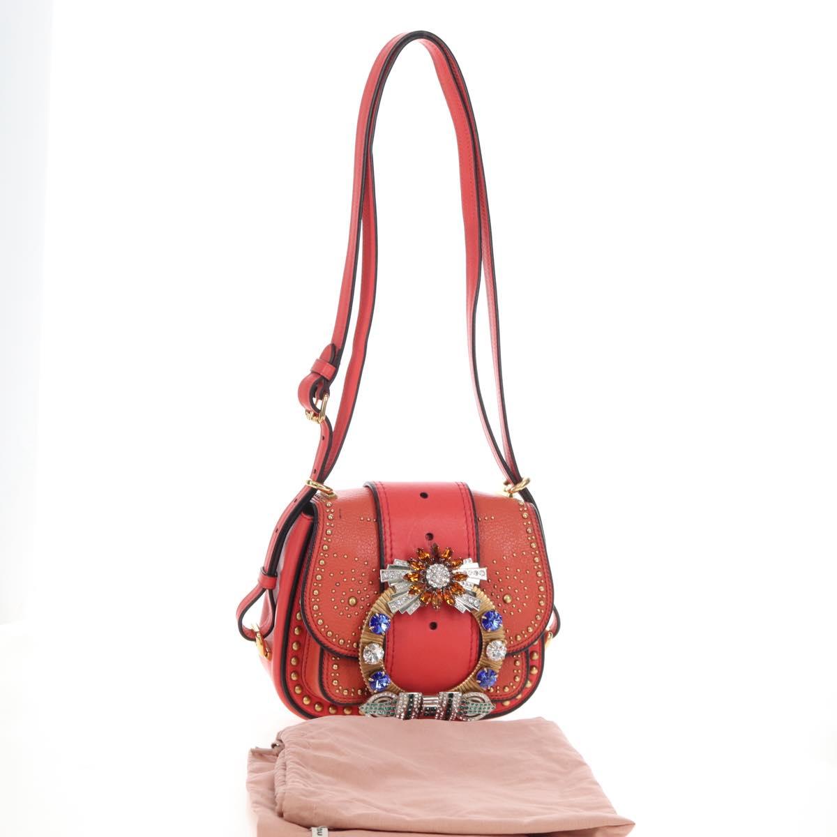 Miu Miu Madras Shoulder Bag Leather Orange Gold Auth 213292M