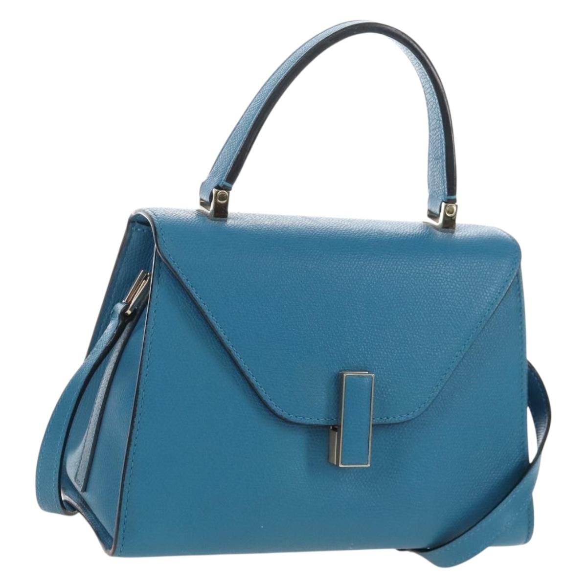 Valextra Hand Bag Leather 2way Blue Gold Auth 213304M