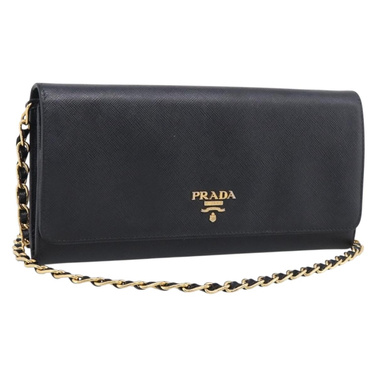 PRADA Chain Shoulder Wallet Saffiano leather Black Gold Auth 213310
