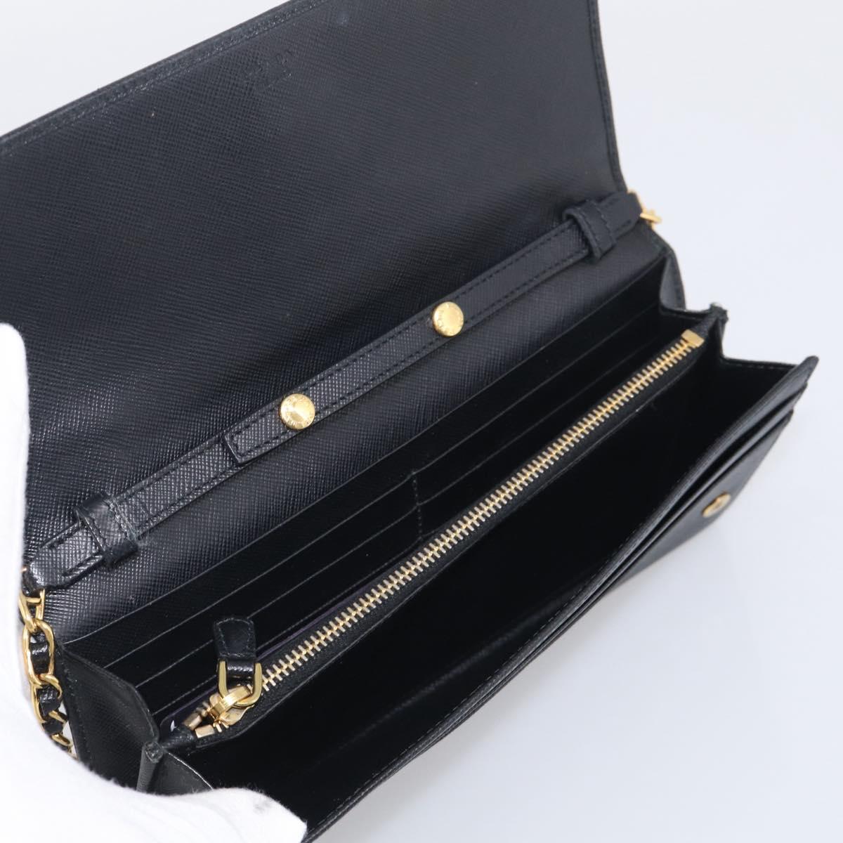 PRADA Chain Shoulder Wallet Saffiano leather Black Gold Auth 213310