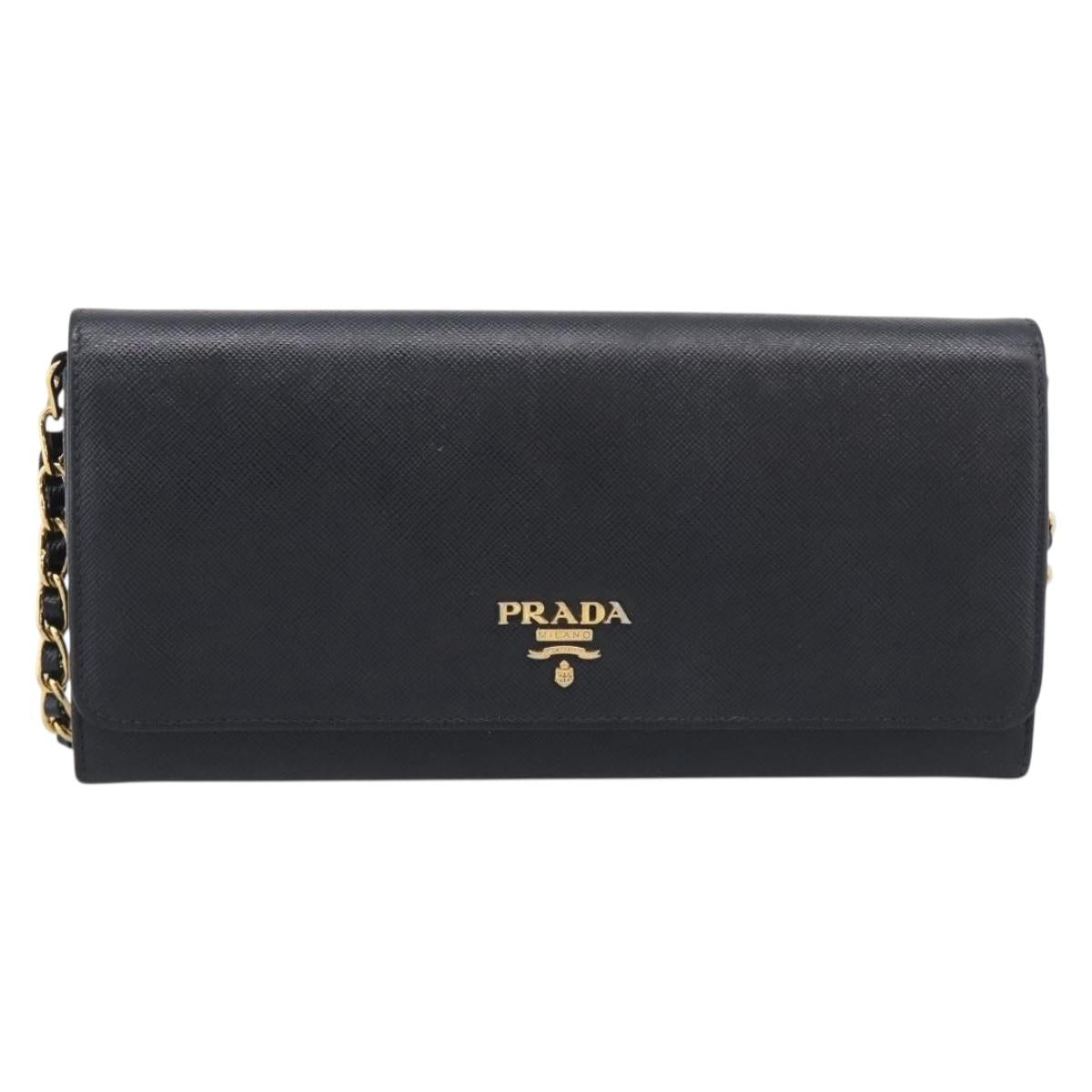 PRADA Chain Shoulder Wallet Saffiano leather Black Gold Auth 213310