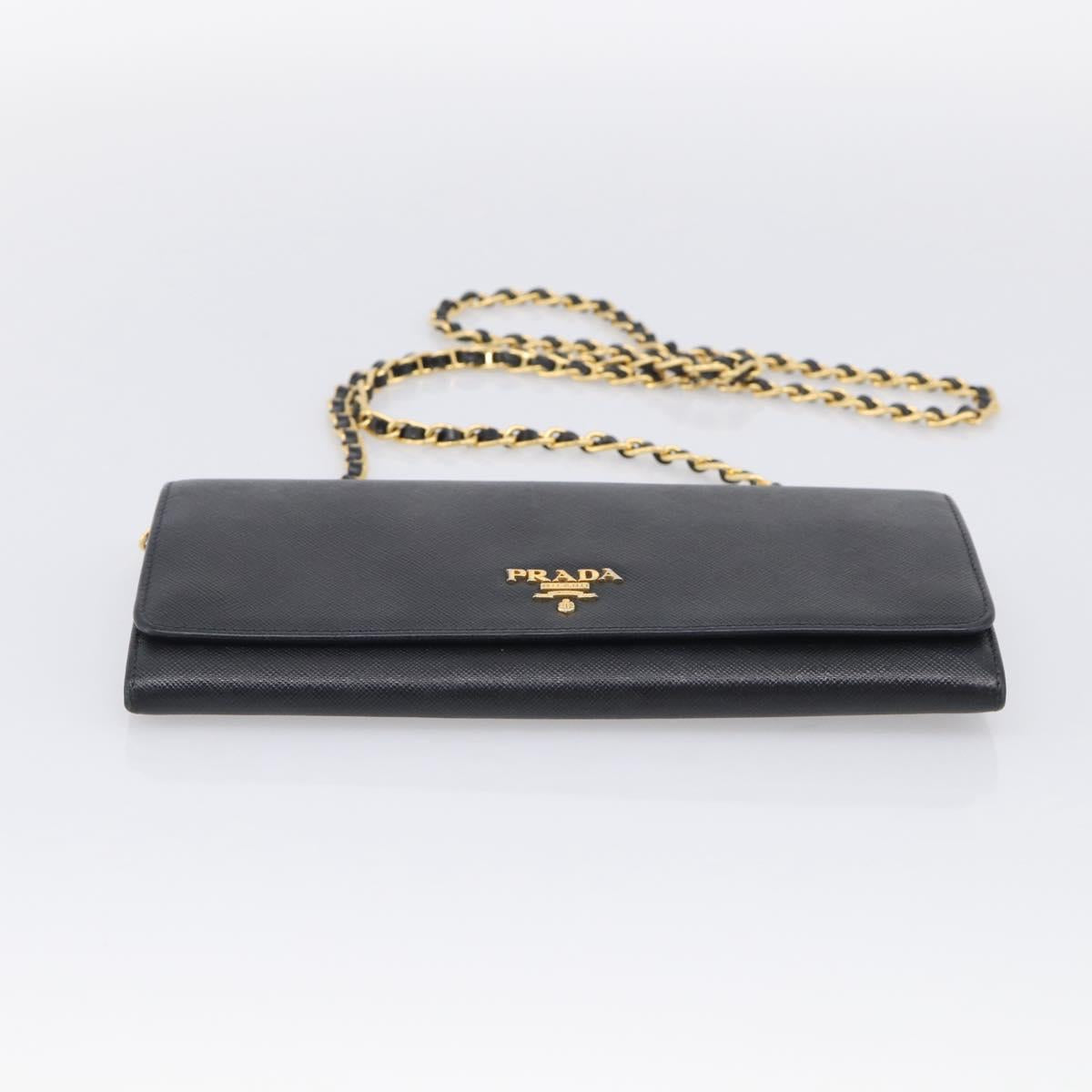 PRADA Chain Shoulder Wallet Saffiano leather Black Gold Auth 213310