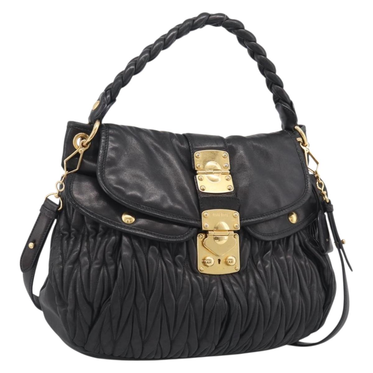 Miu Miu Matelasse Shoulder Bag Leather 2way Black Gold Auth 213318V