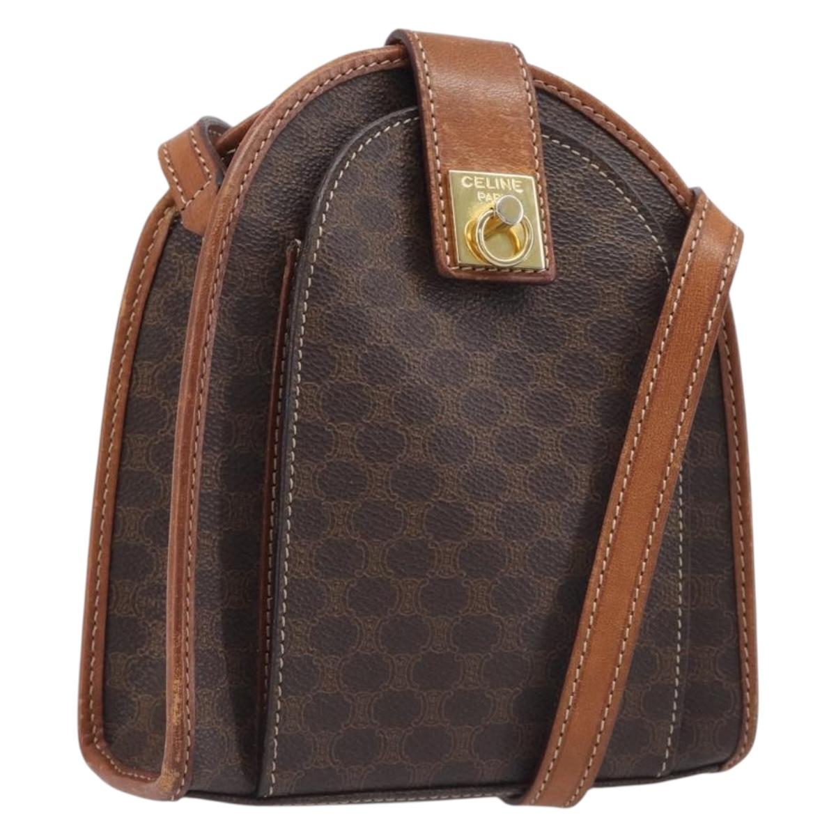 CELINE Macadam Canvas Shoulder Bag PVC Leather Brown Gold Auth 213322