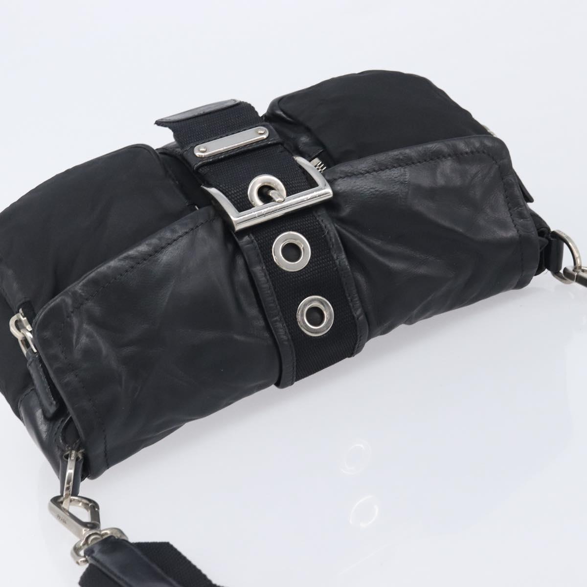 PRADA Shoulder Bag Nylon Leather Black Silver Auth 213330