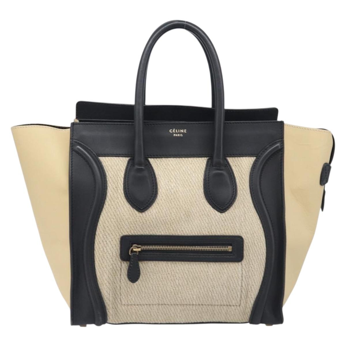CELINE Luggage Mini Shopper Hand Bag Leather Canvas Beige Gold Auth 213334