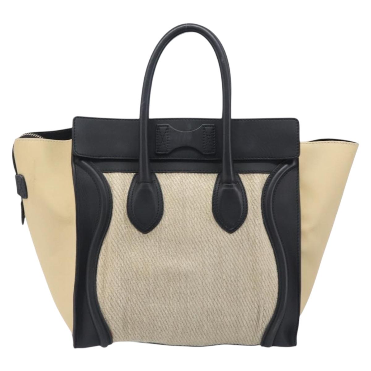 CELINE Luggage Mini Shopper Hand Bag Leather Canvas Beige Gold Auth 213334