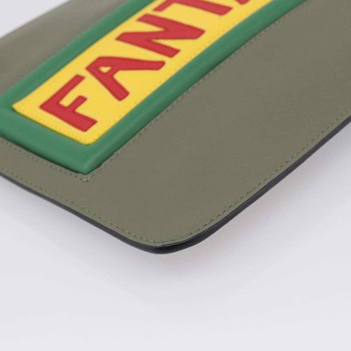 FENDI Clutch Bag Leather Khaki Silver 7N0078 Auth 213341