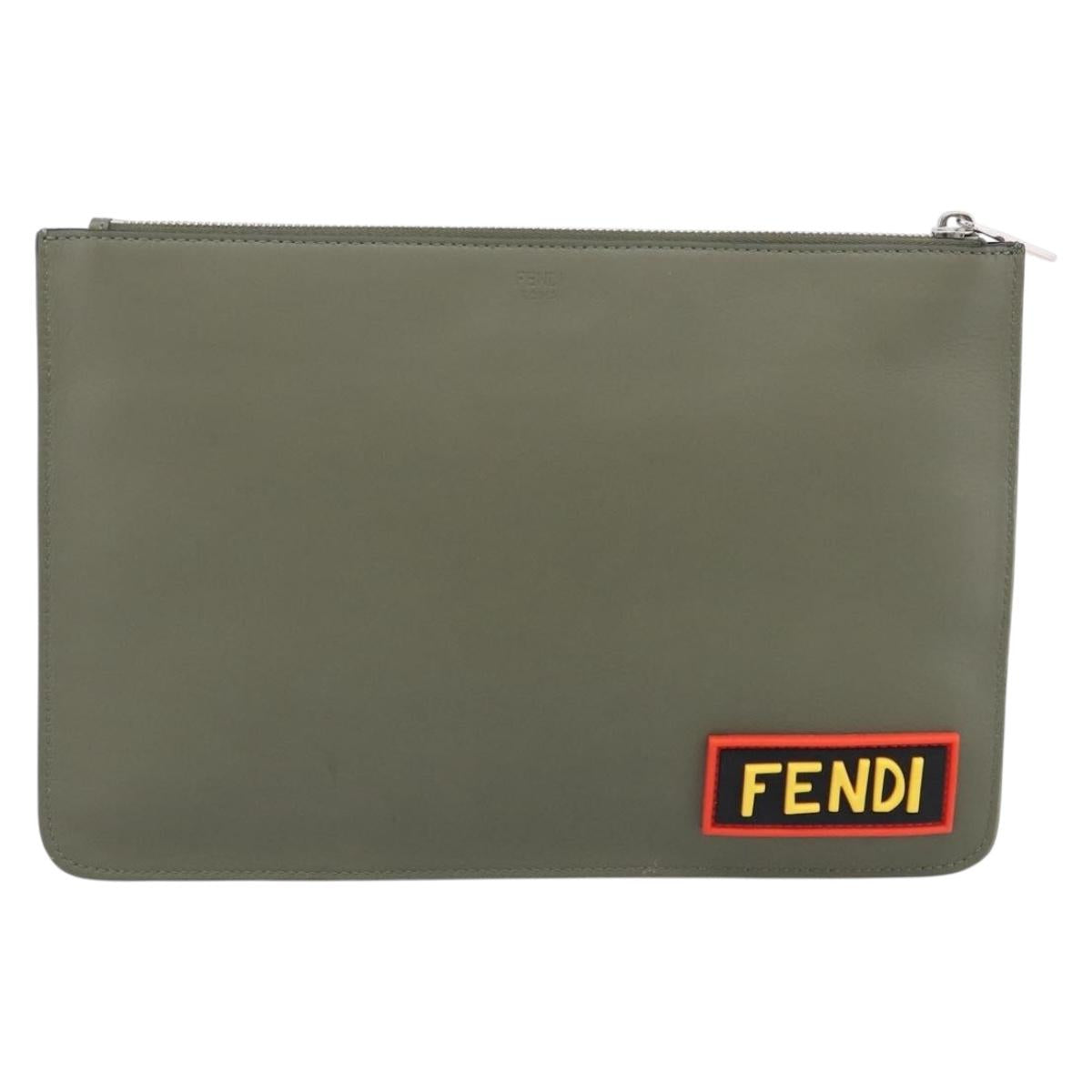 FENDI Clutch Bag Leather Khaki Silver 7N0078 Auth 213341