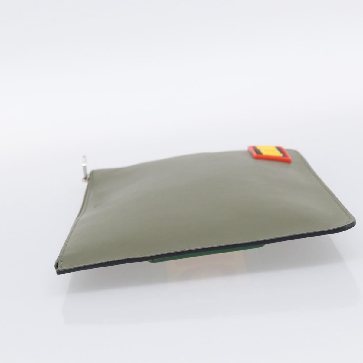 FENDI Clutch Bag Leather Khaki Silver 7N0078 Auth 213341