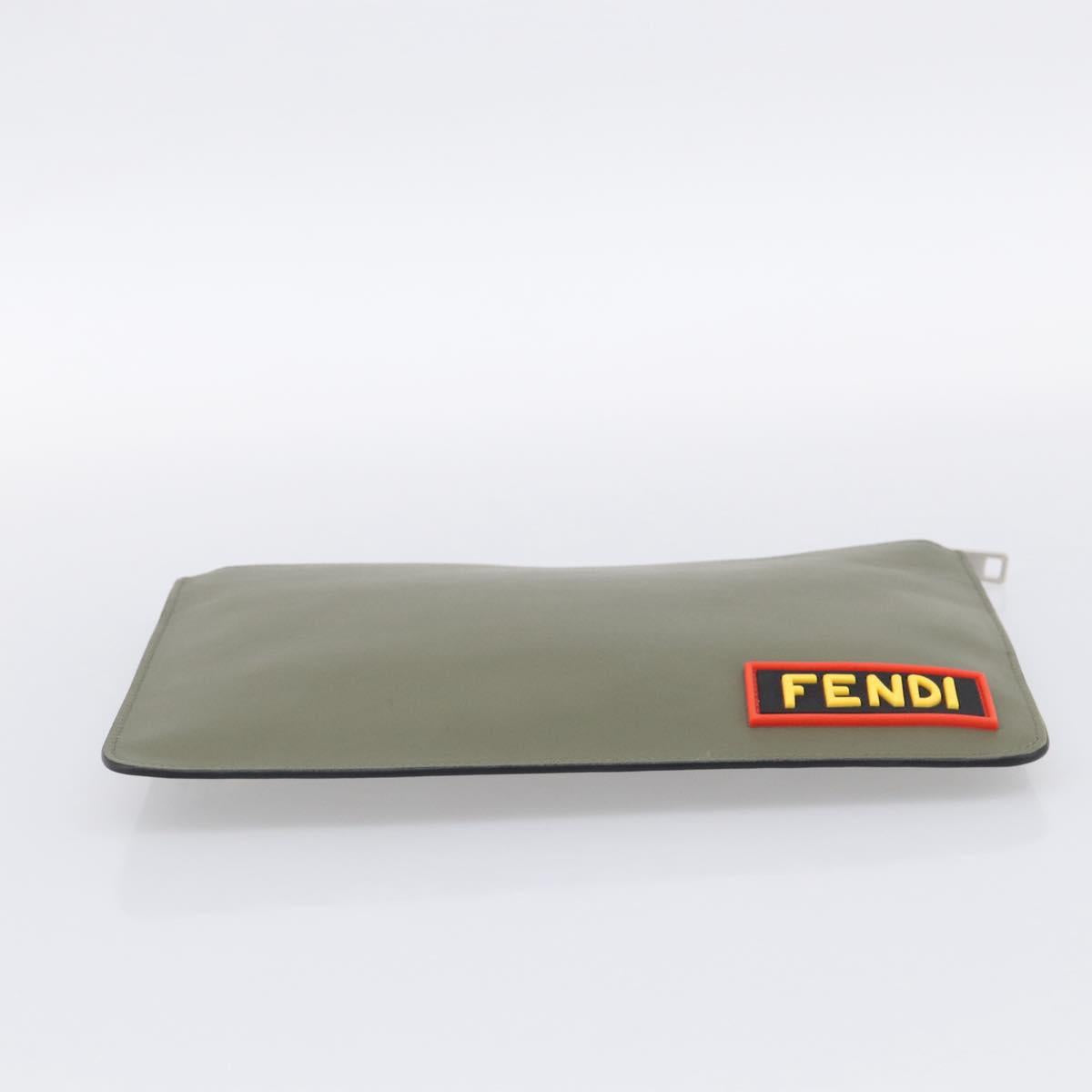FENDI Clutch Bag Leather Khaki Silver 7N0078 Auth 213341