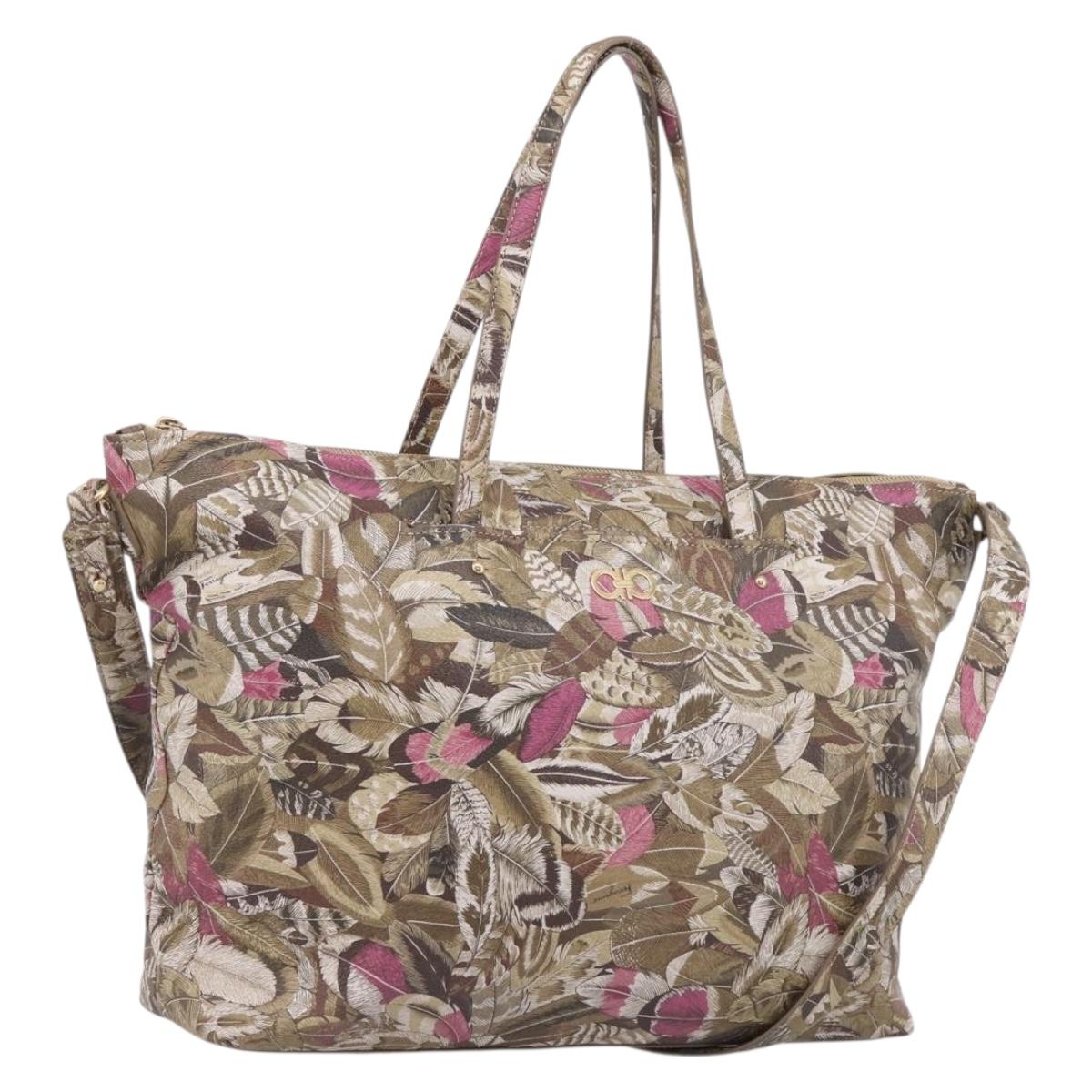Salvatore Ferragamo Gancini Tote Bag PVC Canvas 2way Brown Gold Auth 213350A
