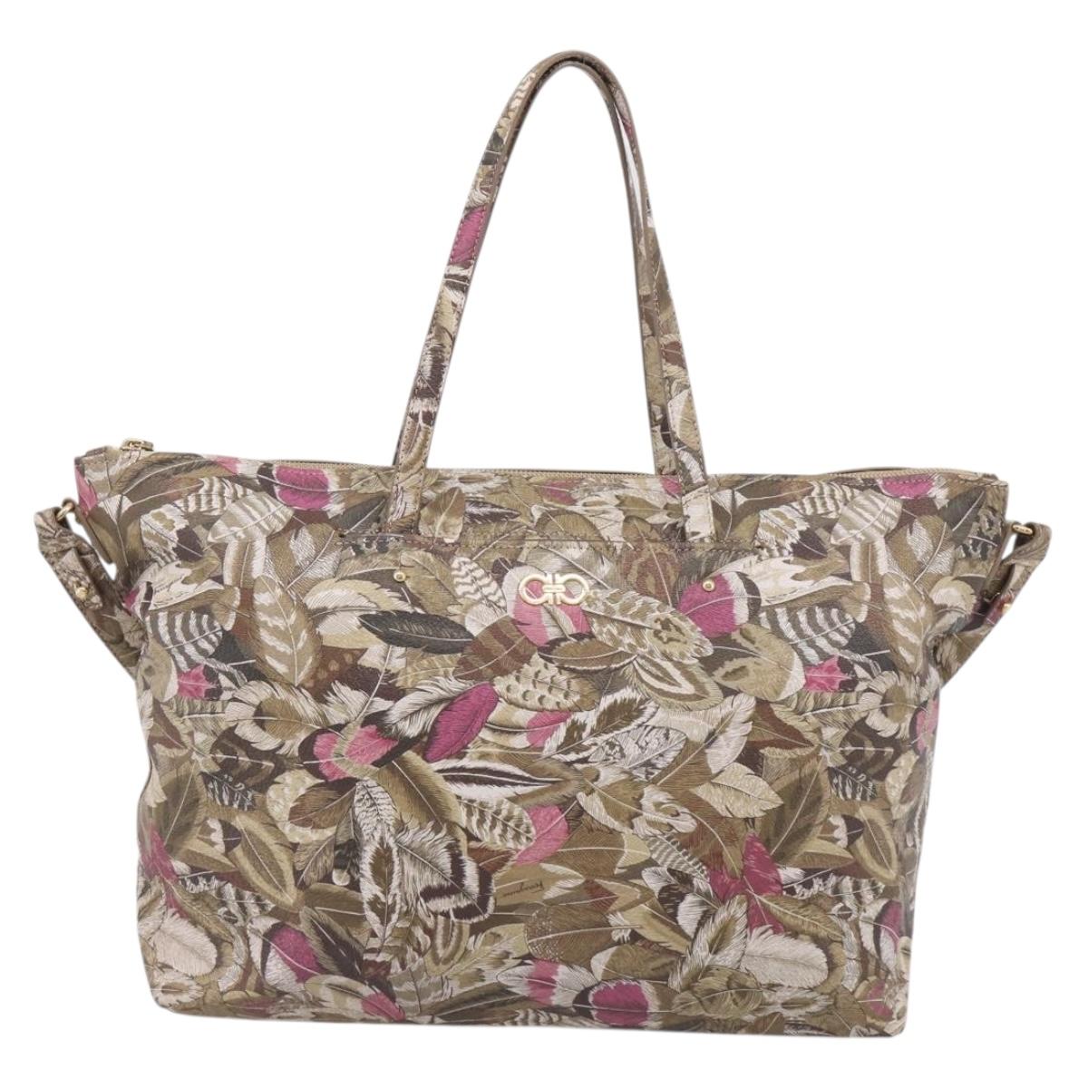 Salvatore Ferragamo Gancini Tote Bag PVC Canvas 2way Brown Gold Auth 213350A