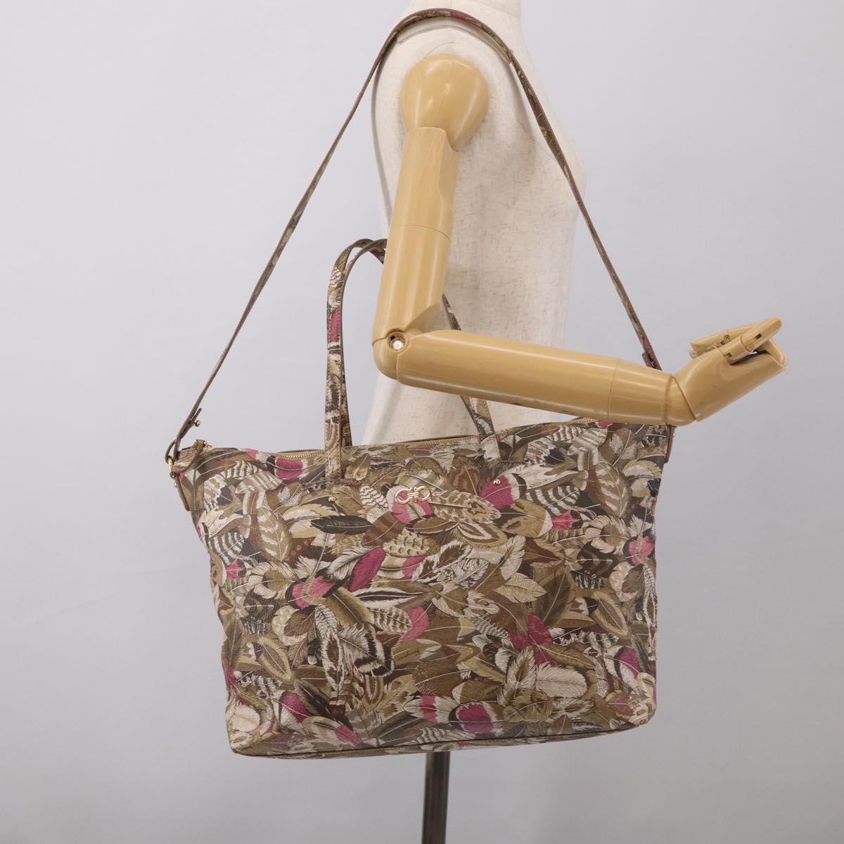 Salvatore Ferragamo Gancini Tote Bag PVC Canvas 2way Brown Gold Auth 213350A