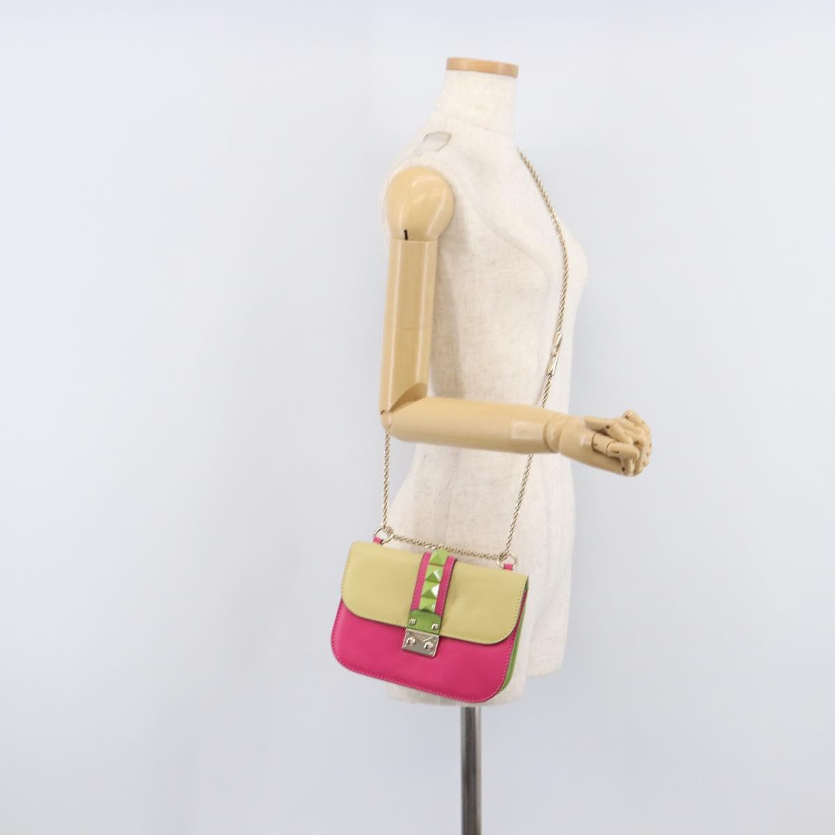 Valentino Chain Shoulder Bag Leather Multicolor Gold Auth 213352A