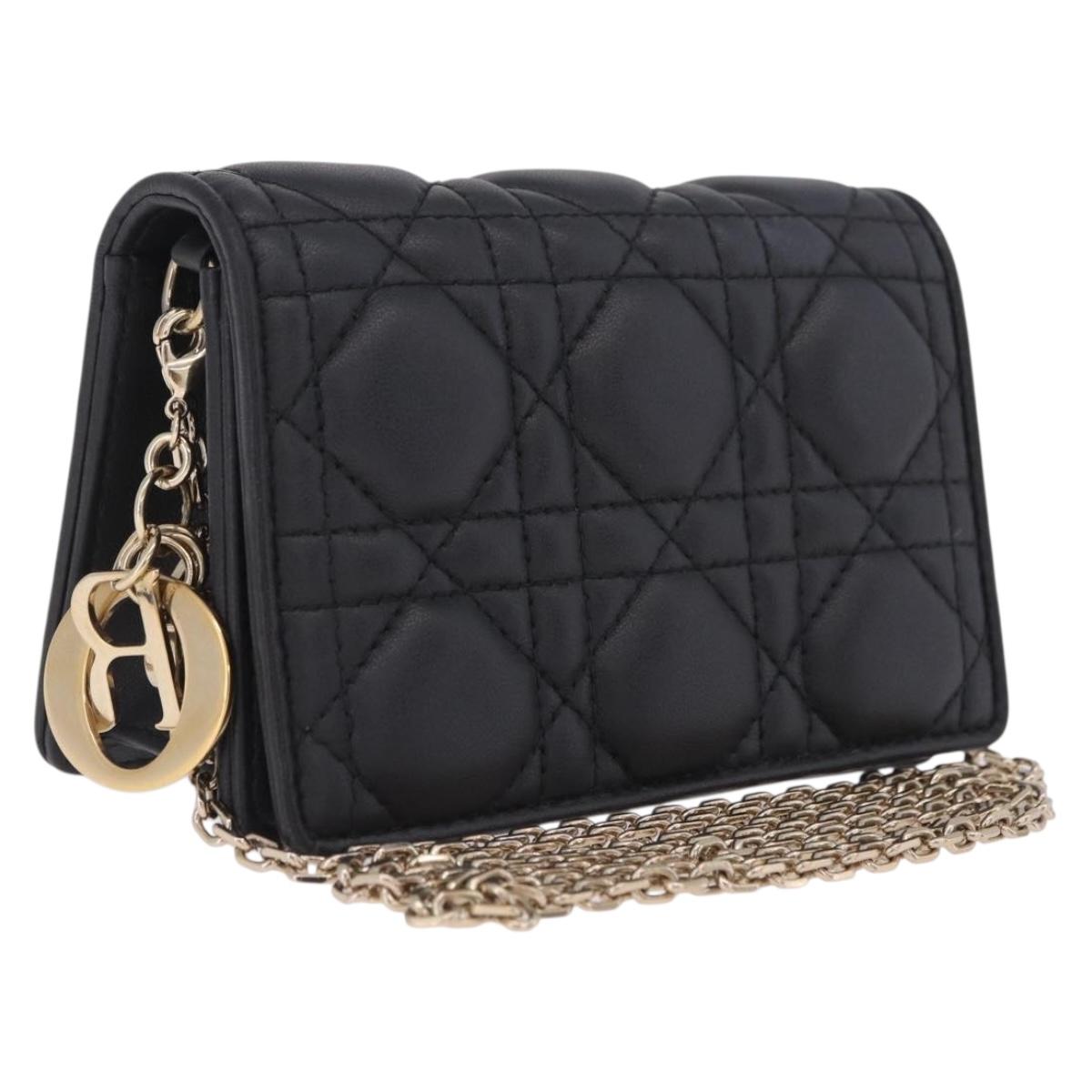 Christian Dior Canage Chain Shoulder Bag Lamb Skin Black Gold Auth 213354M