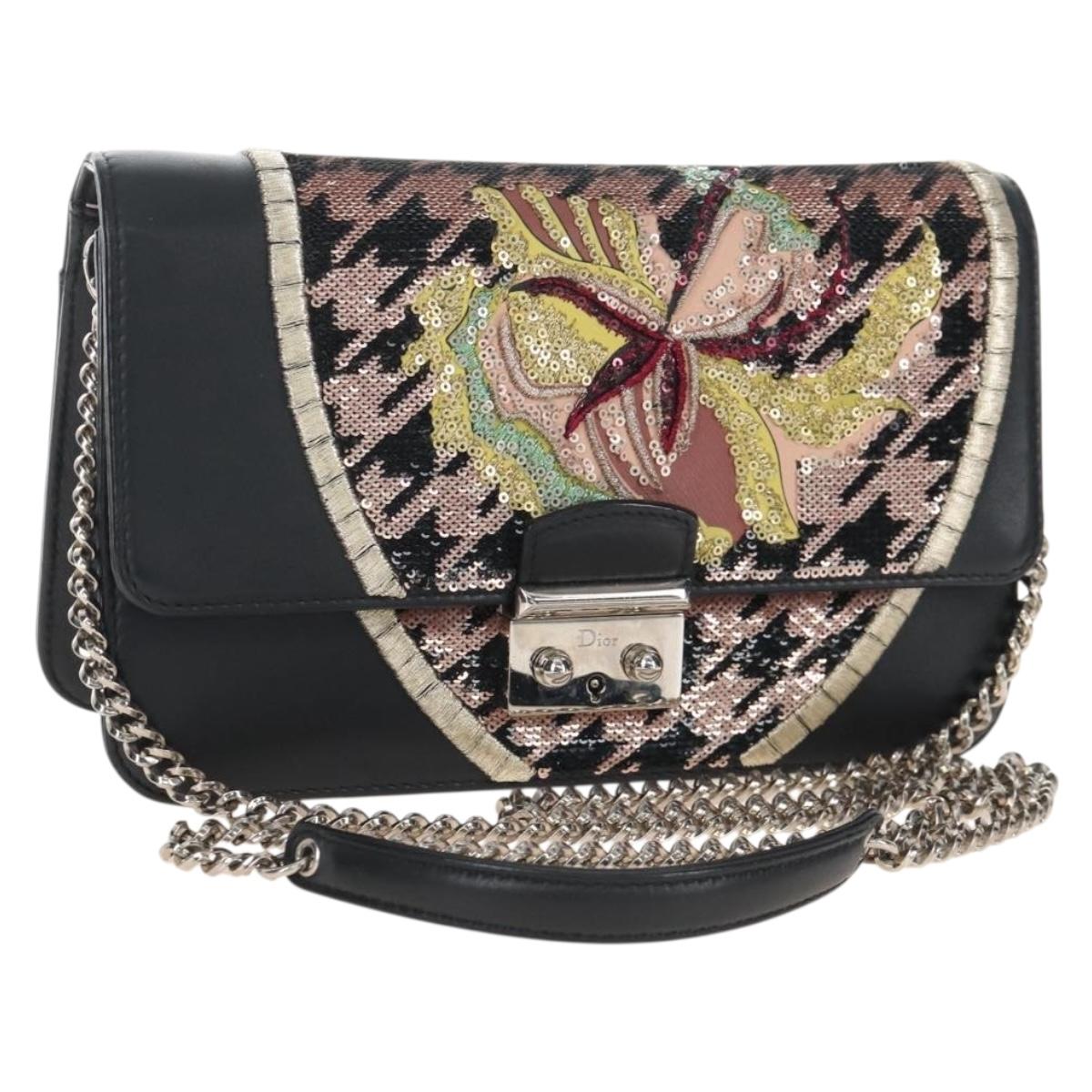 Christian Dior Chain Shoulder Bag Leather Black Silver Auth 213360M