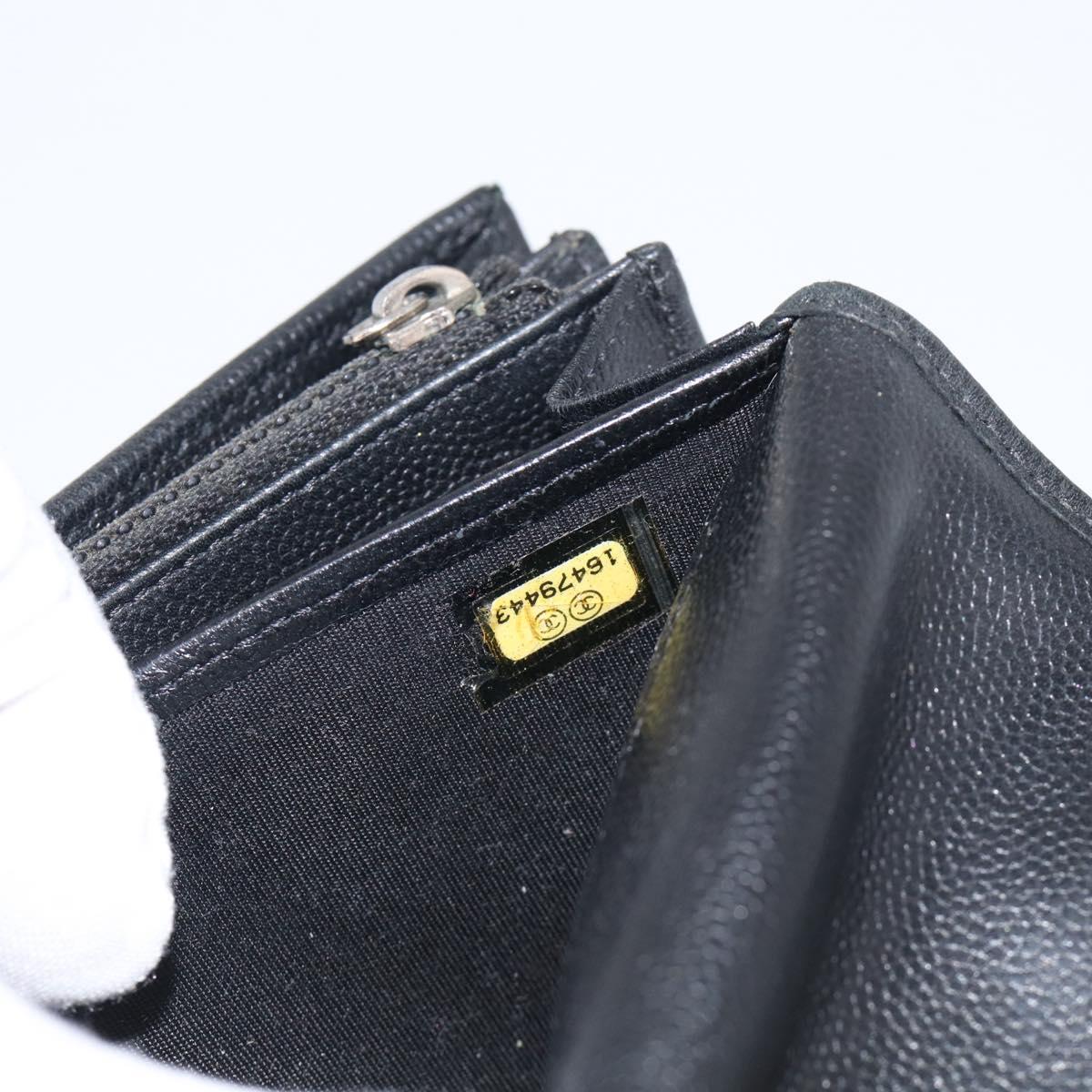 CHANEL Long Wallet Leather Black Silver CC Auth 213365