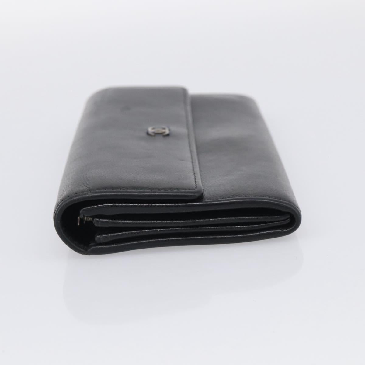 CHANEL Long Wallet Leather Black Silver CC Auth 213365