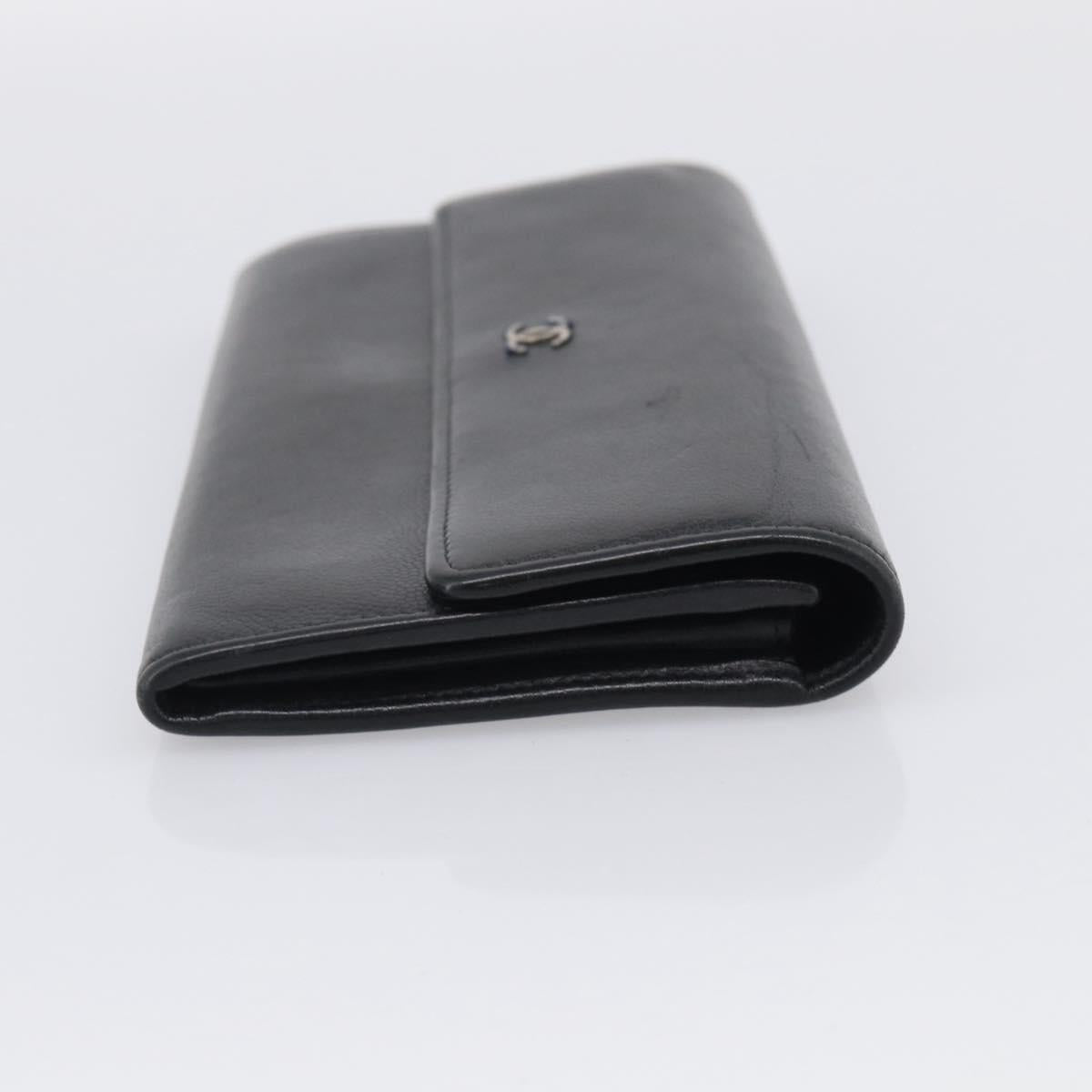CHANEL Long Wallet Leather Black Silver CC Auth 213365