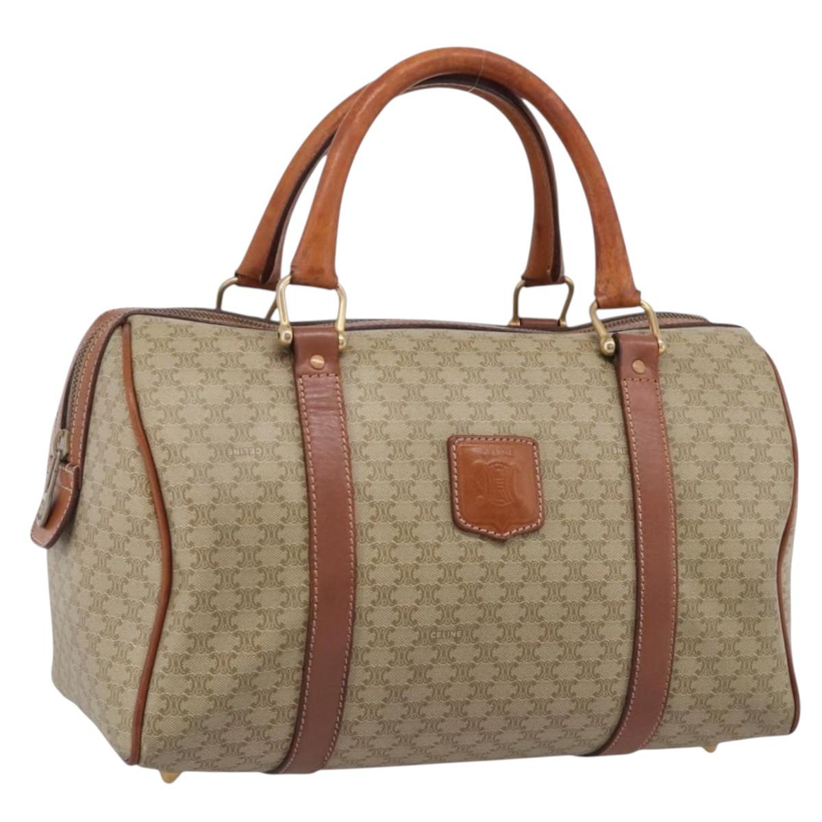 CELINE Macadam Canvas Boston Bag PVC Beige Gold Auth 213371