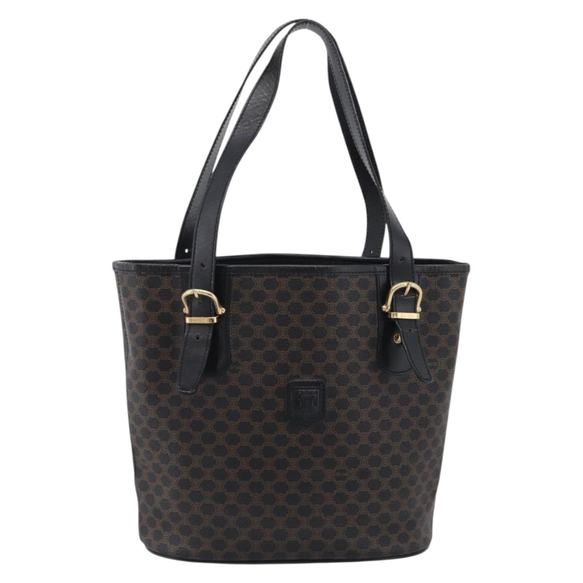 CELINE Macadam Canvas Tote Bag PVC Leather Black Gold Auth 213374