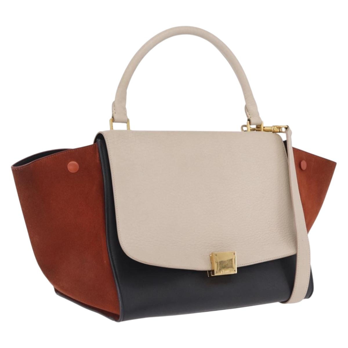 CELINE Trapeze Hand Bag Leather 2way Beige Gold Auth 213382A