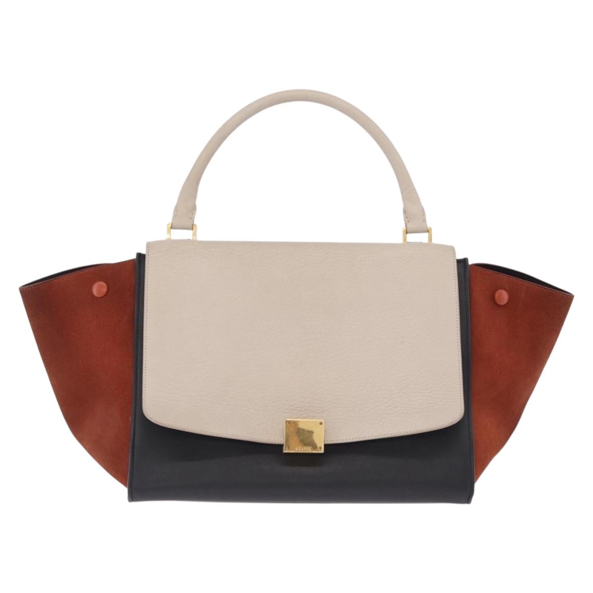 CELINE Trapeze Hand Bag Leather 2way Beige Gold Auth 213382A