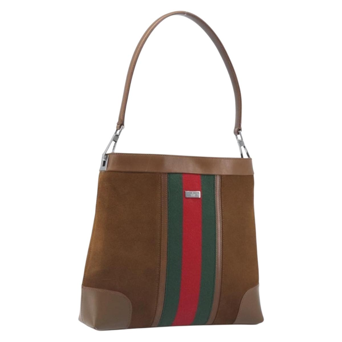 GUCCI Web Sherry Line Shoulder Bag Suede Brown Silver 33900 Auth 213394V