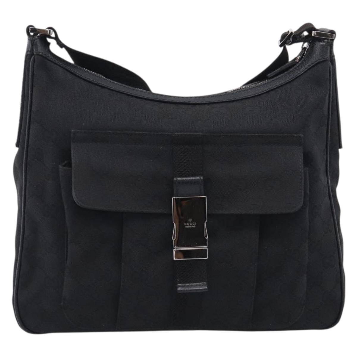 GUCCI GG Canvas Shoulder Bag Black Silver Auth 213397A