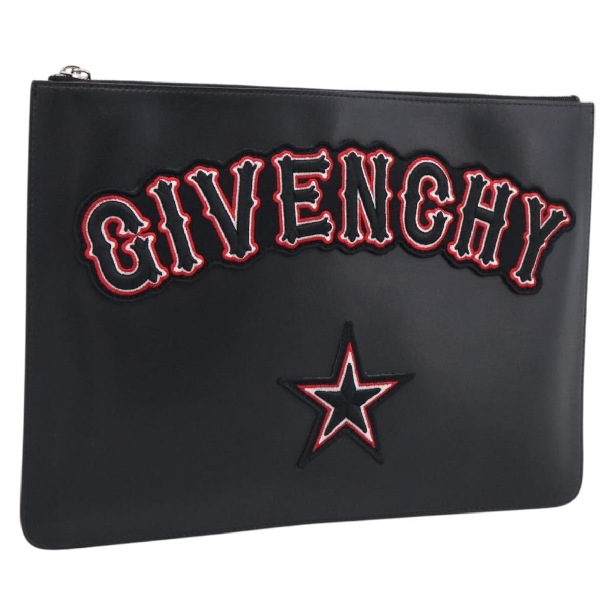 GIVENCHY Clutch Bag Leather Black Silver Auth 213409