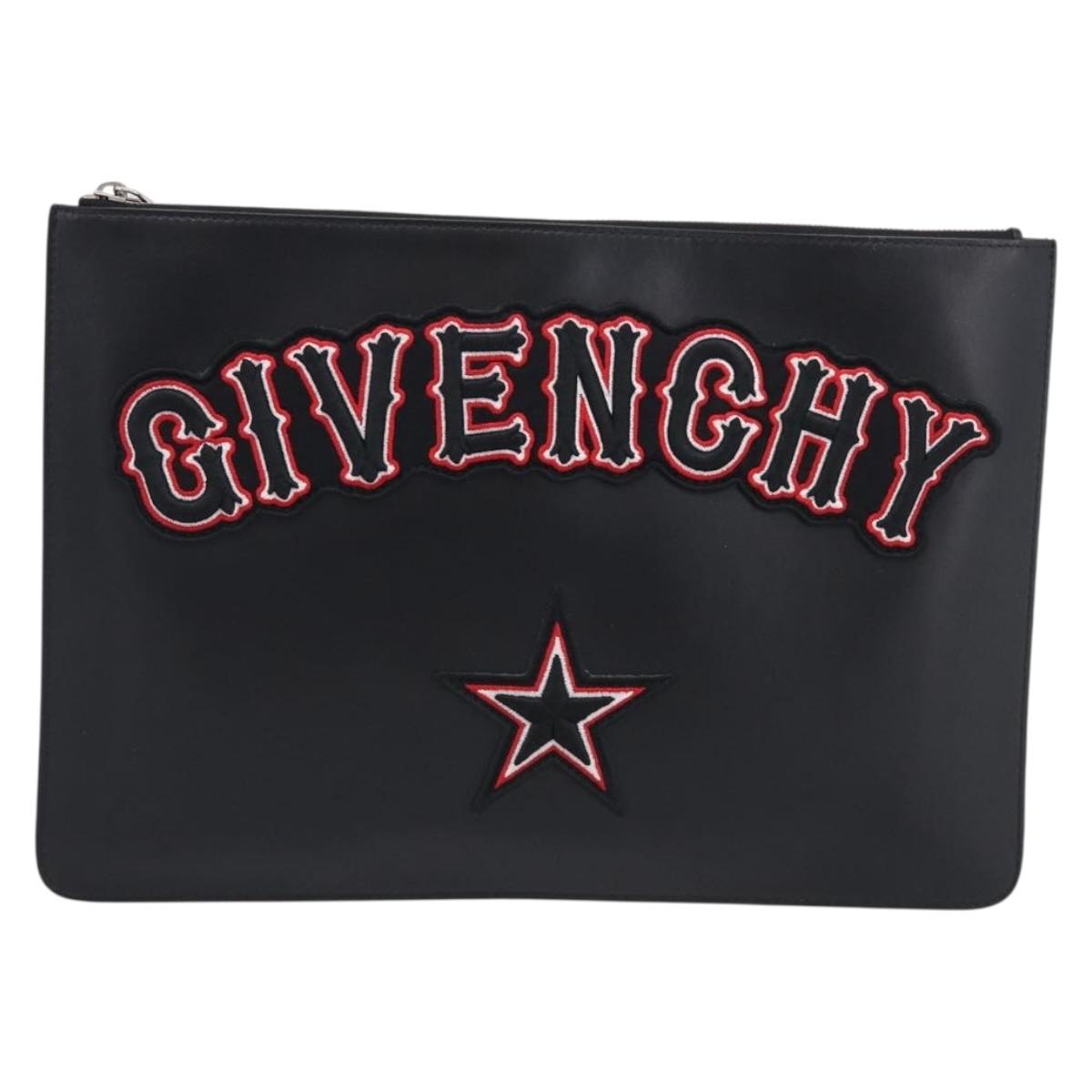 GIVENCHY Clutch Bag Leather Black Silver Auth 213409