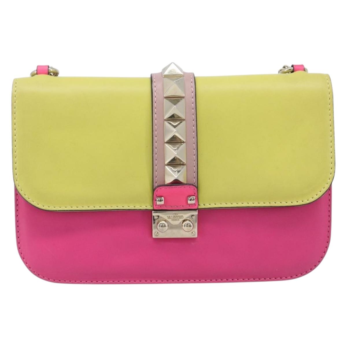 Valentino Chain Shoulder Bag Leather Yellow Gold Auth 213418A