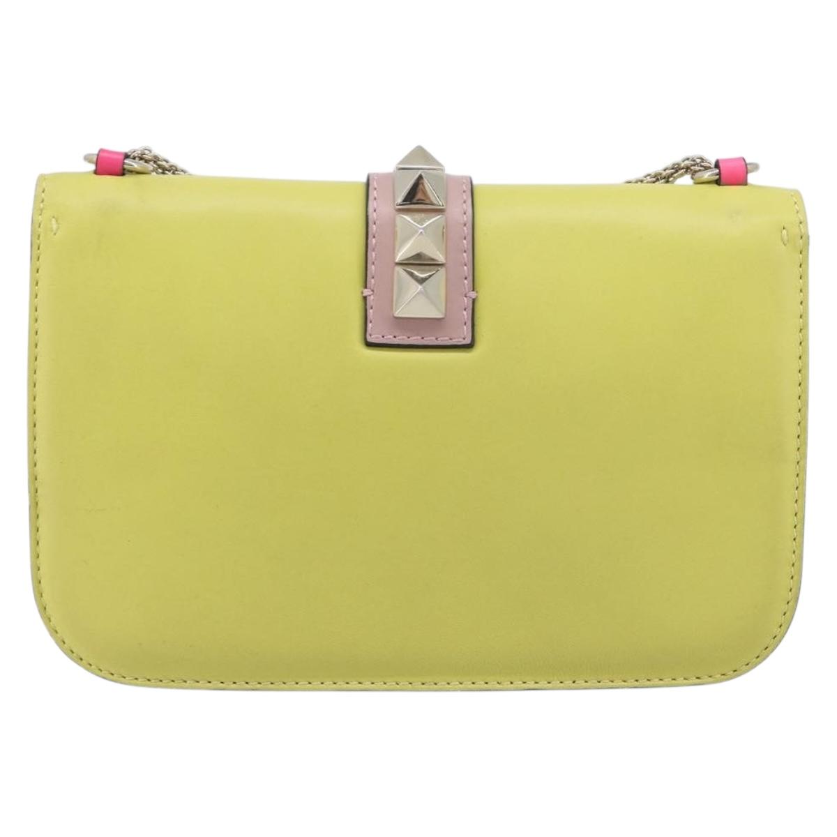 Valentino Chain Shoulder Bag Leather Yellow Gold Auth 213418A