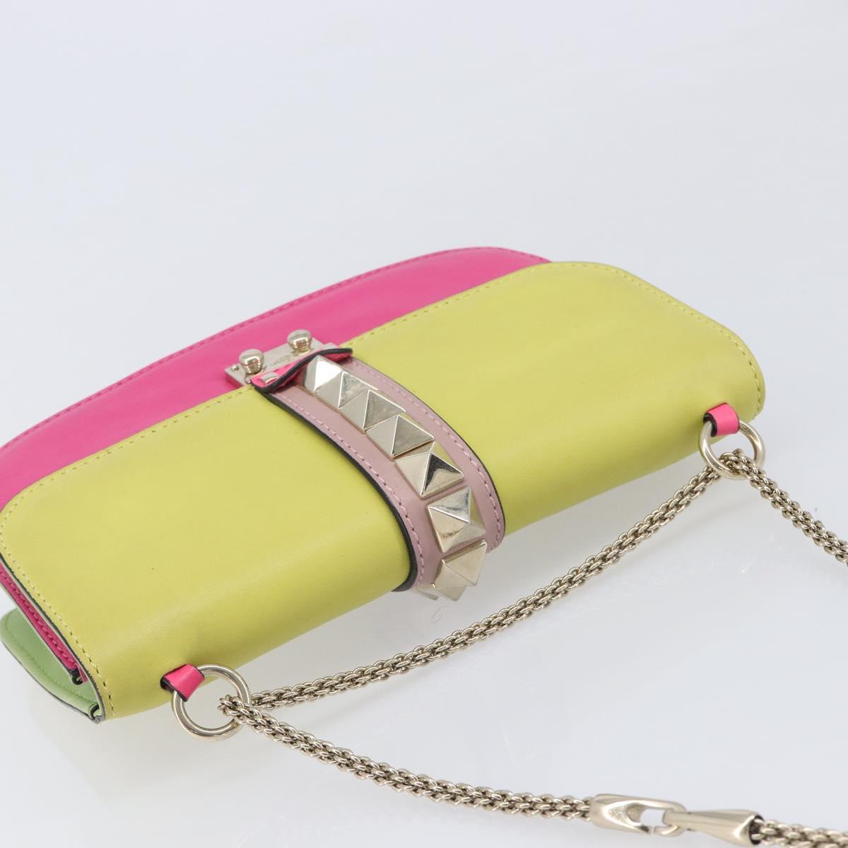 Valentino Chain Shoulder Bag Leather Yellow Gold Auth 213418A