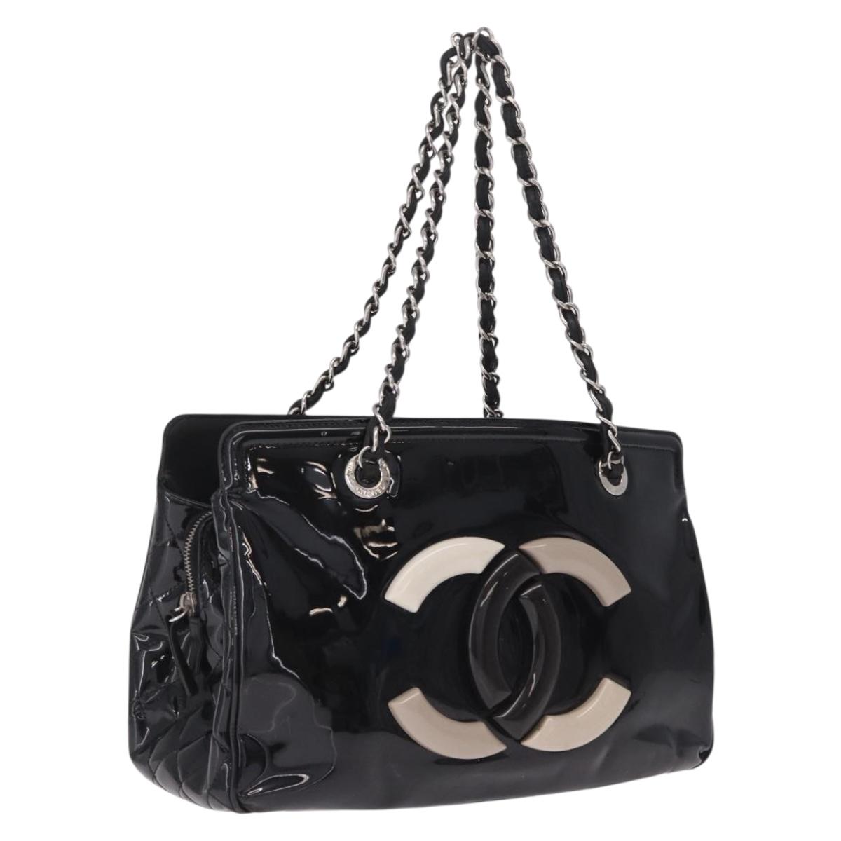 CHANEL Chain Shoulder Bag Patent leather Black Silver CC Auth 213419A