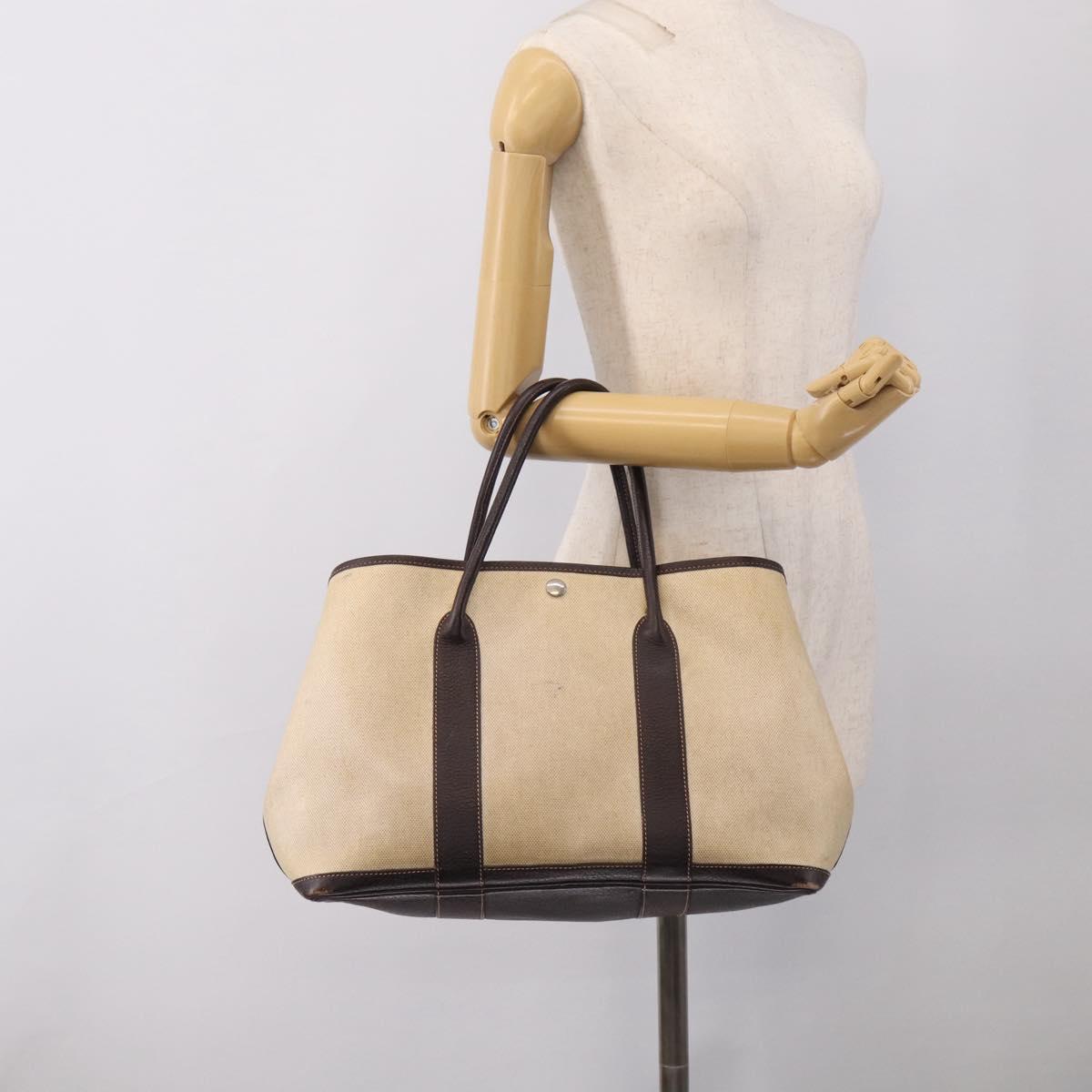 HERMES Garden Party Hand Bag Canvas Beige Silver Auth 213429
