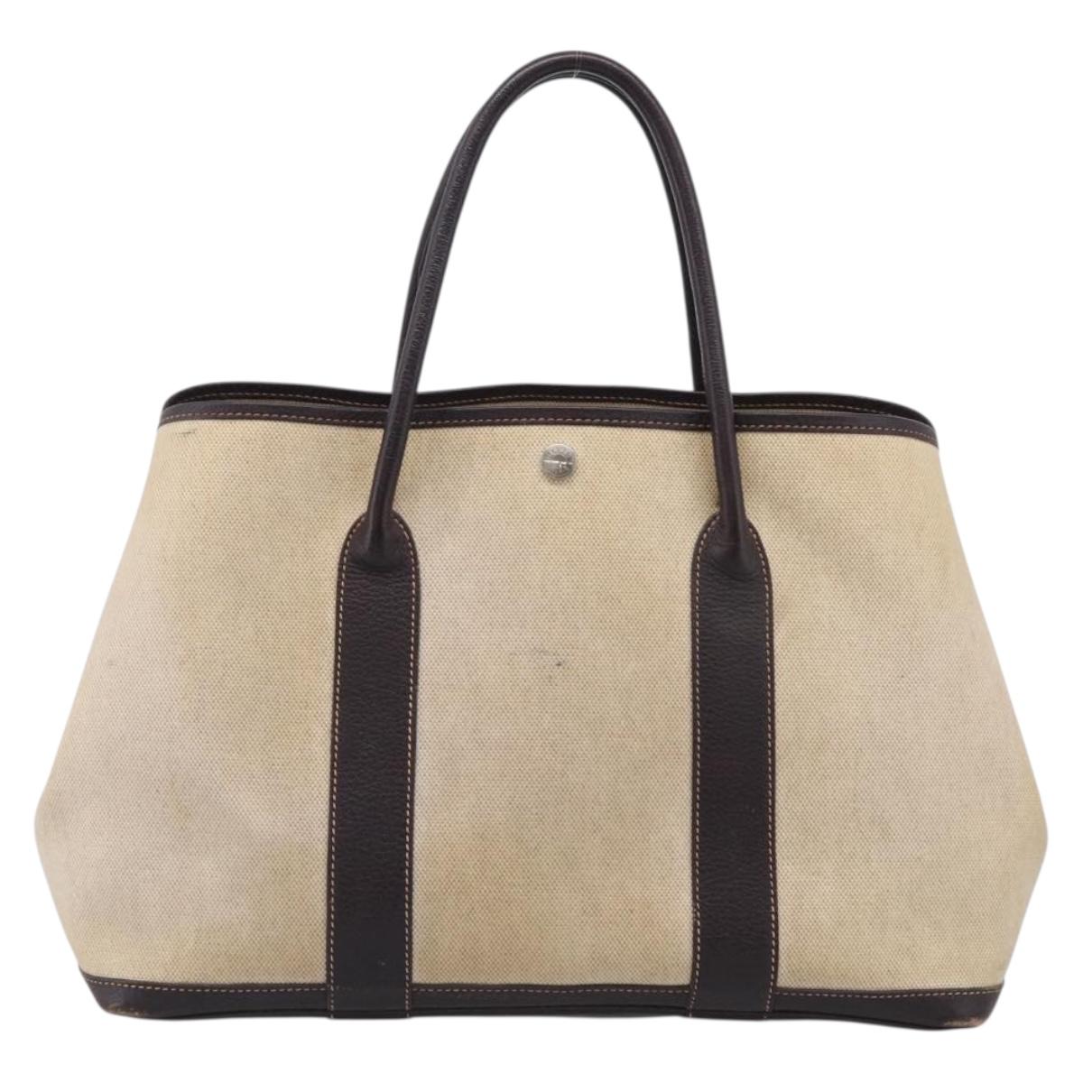 HERMES Garden Party Hand Bag Canvas Beige Silver Auth 213429
