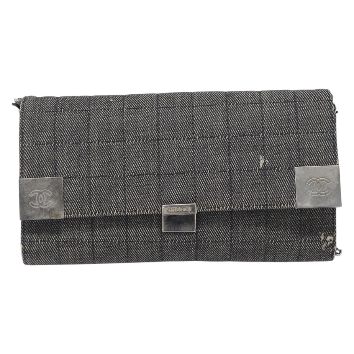 CHANEL Choco Bar Chain Shoulder Bag Canvas Gray Silver CC Auth 213438