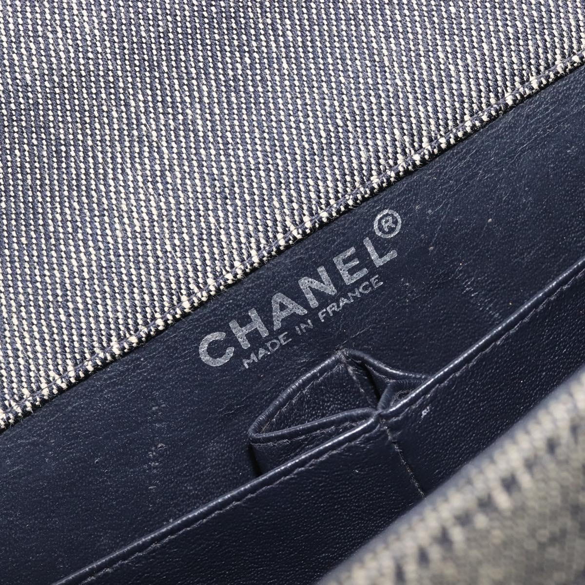 CHANEL Choco Bar Chain Shoulder Bag Canvas Gray Silver CC Auth 213438