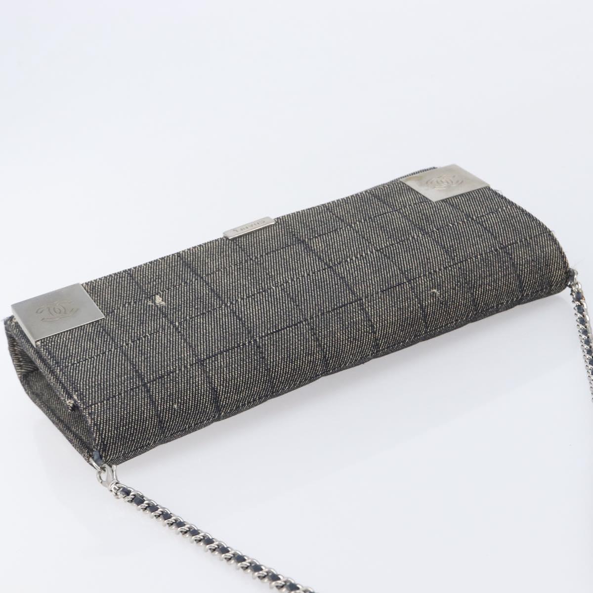 CHANEL Choco Bar Chain Shoulder Bag Canvas Gray Silver CC Auth 213438
