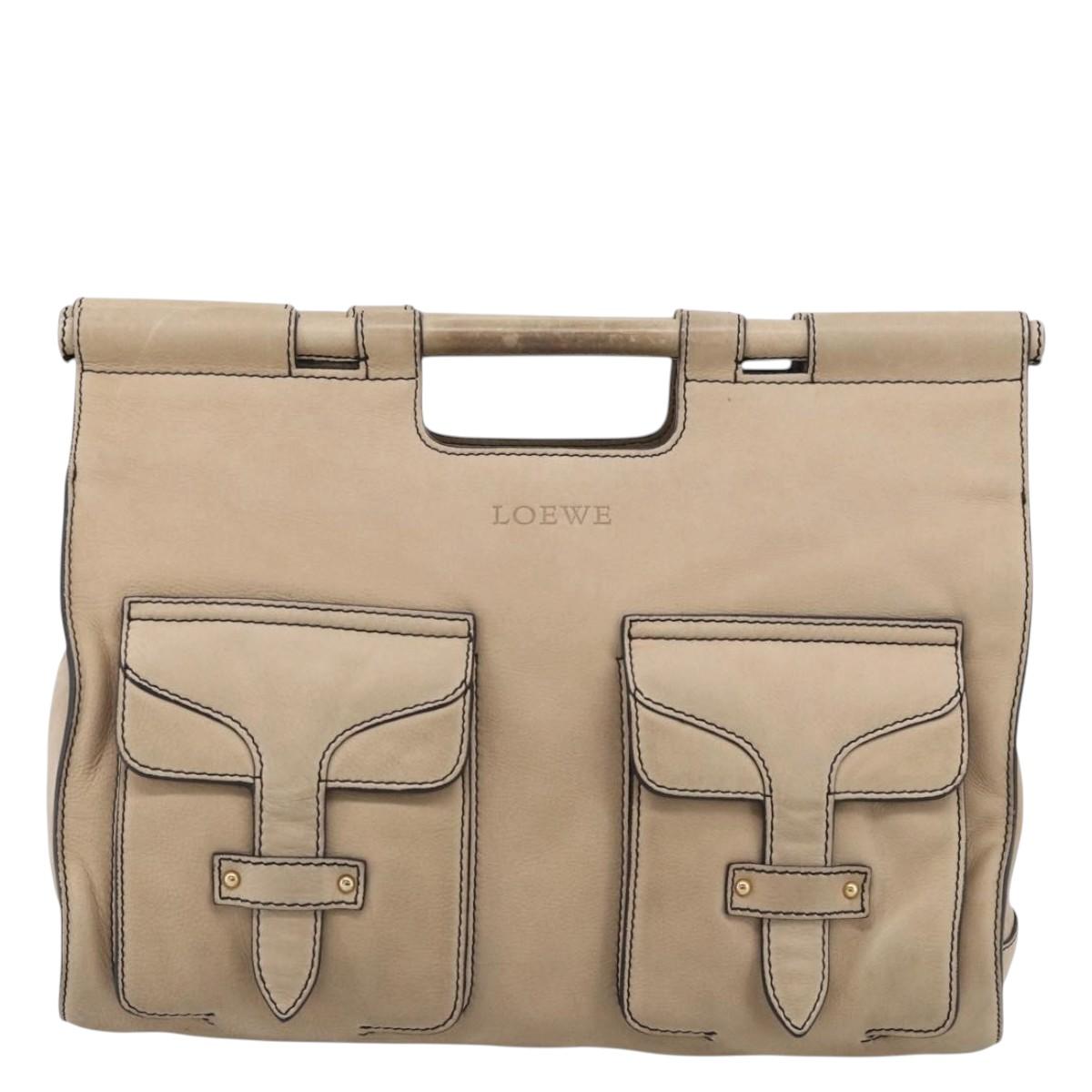 LOEWE Hand Bag Leather Beige Gold Auth 213442