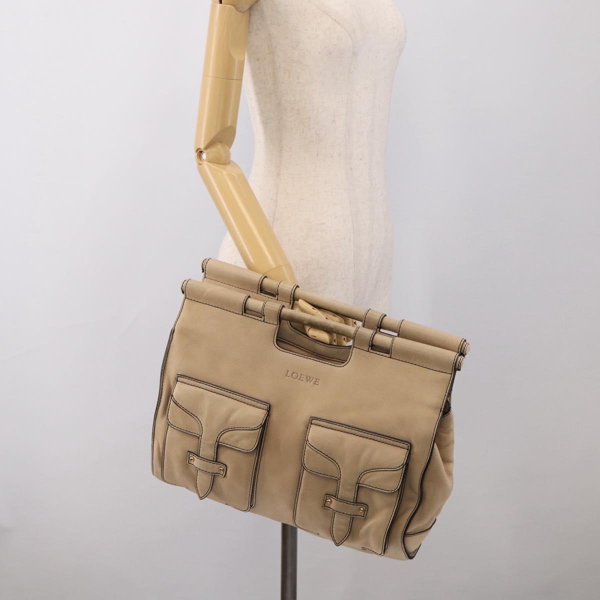 LOEWE Hand Bag Leather Beige Gold Auth 213442