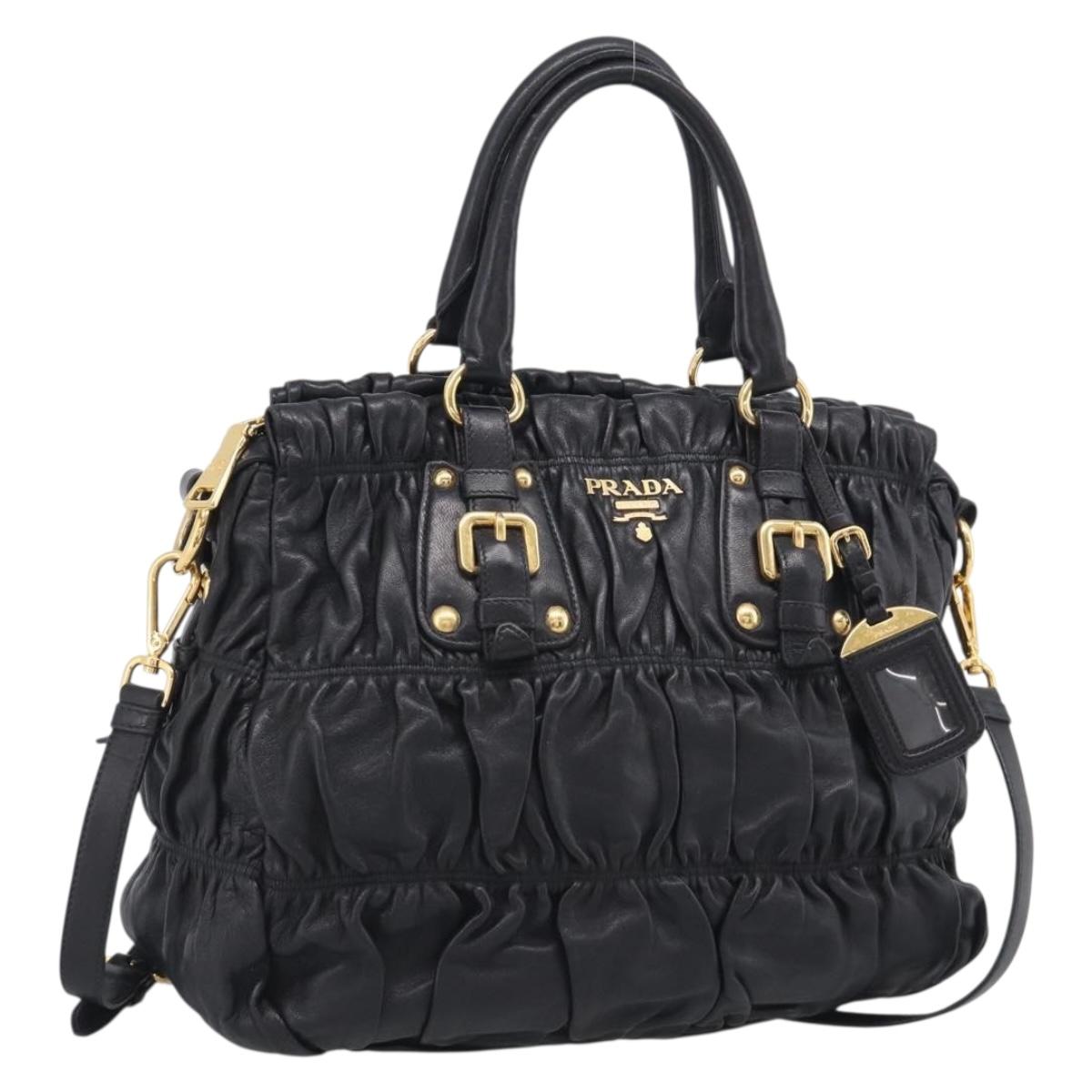 PRADA Gathered Hand Bag Leather 2way Black Gold Auth 213445V