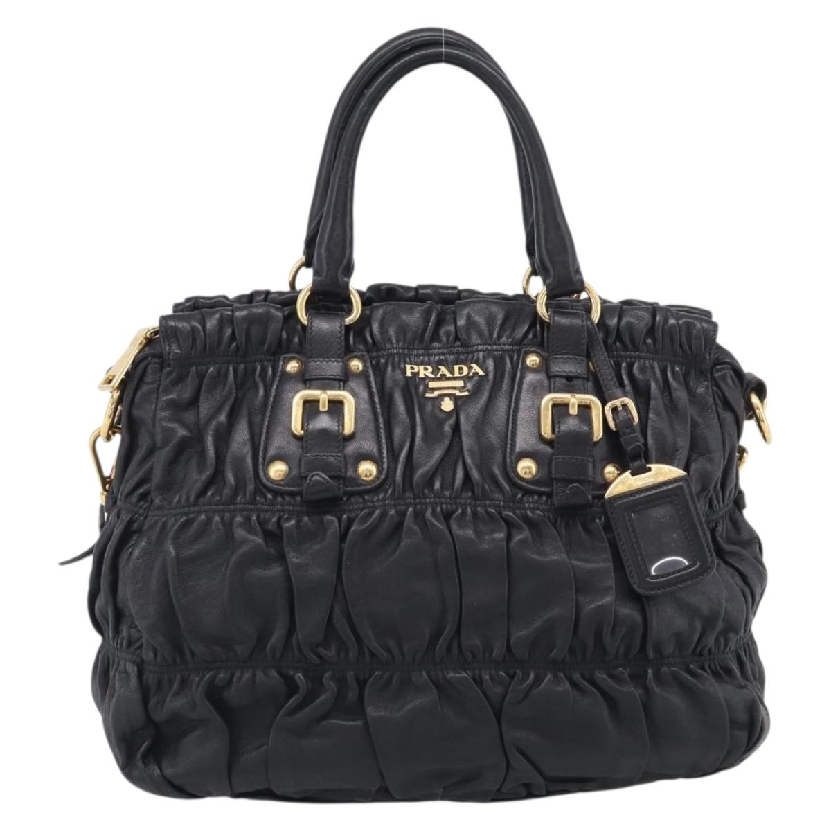 PRADA Gathered Hand Bag Leather 2way Black Gold Auth 213445V