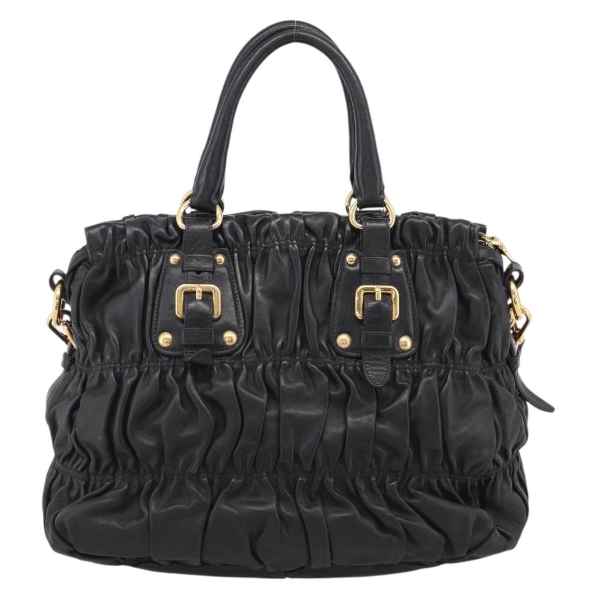 PRADA Gathered Hand Bag Leather 2way Black Gold Auth 213445V
